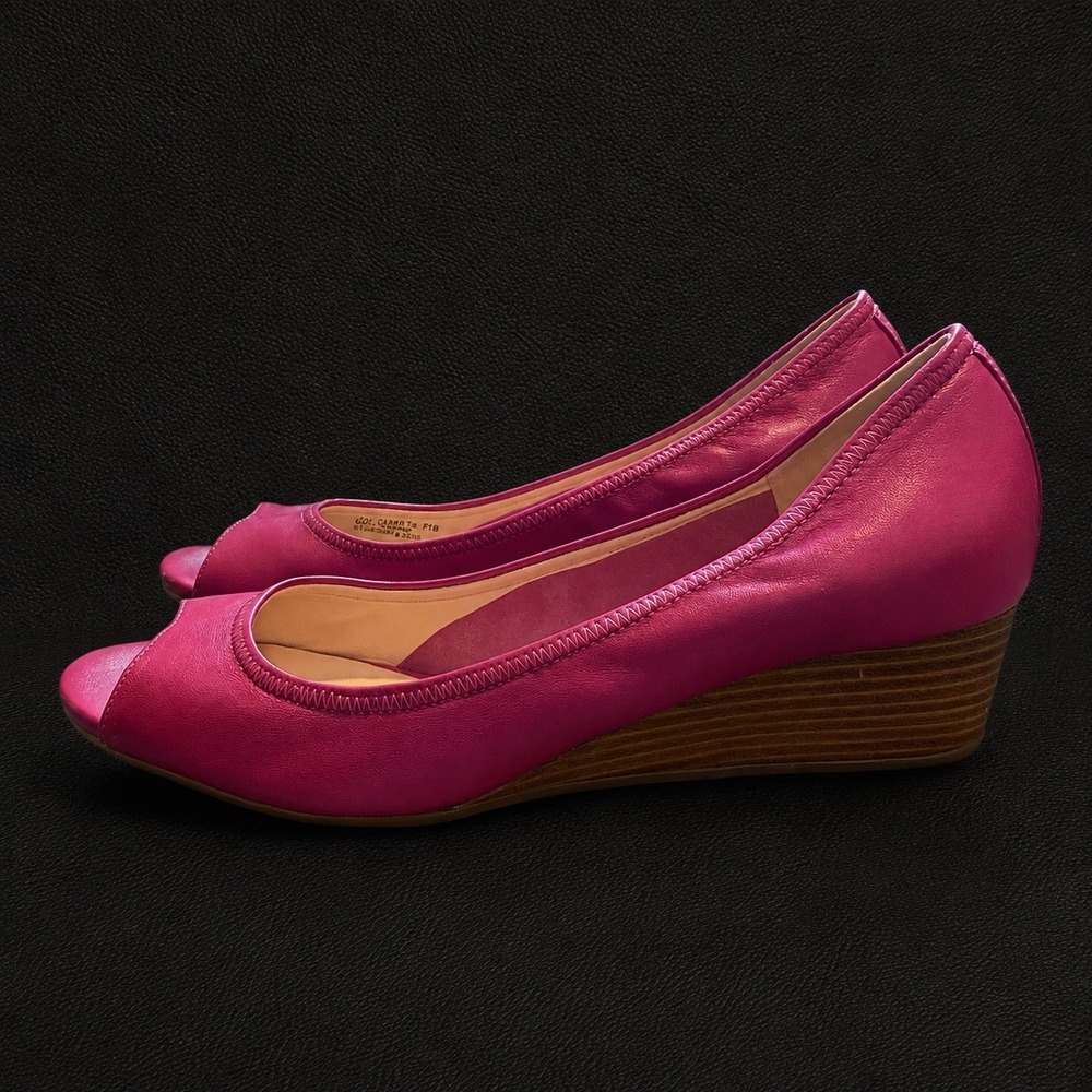 Cole Haan Womens 7.5B Pink Leather Peep Toe Wedge Pumps Comfort Slip On Shoes - Picture 2 of 6
